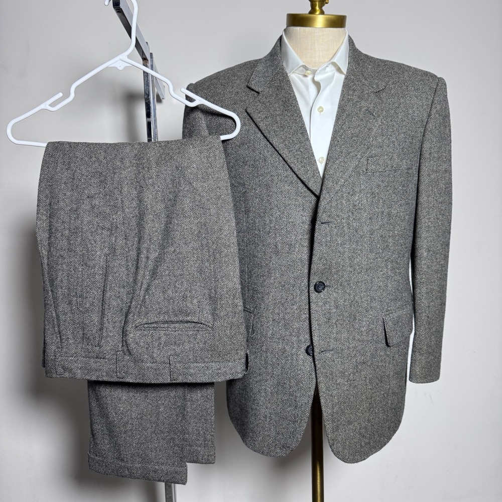 Trad Club Suit Mens 40R 33x30 Grey Herringbone Wool 3-Button Blazer Trousers